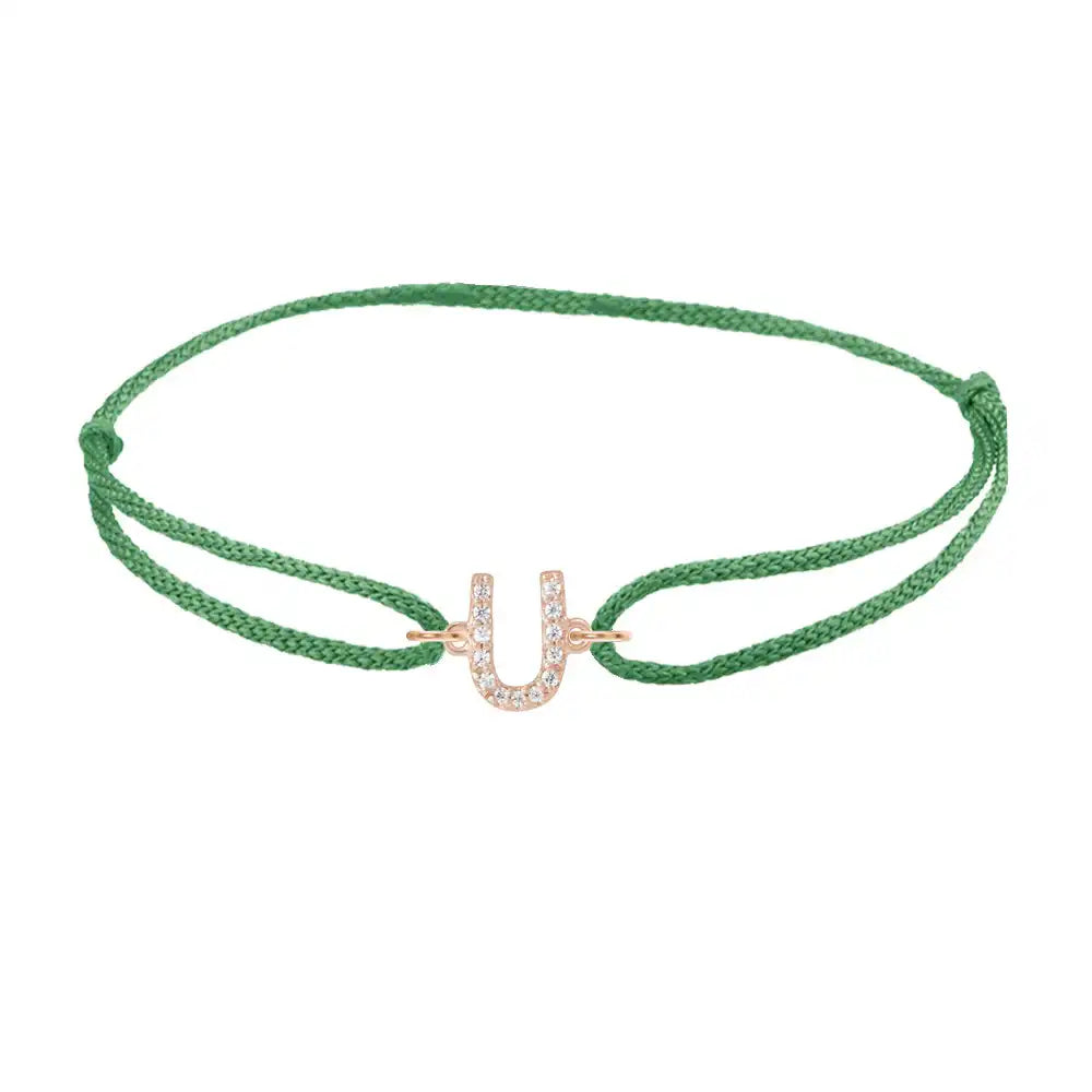 Diamond initial u silk bracelet in 14K rose gold on emerald silk