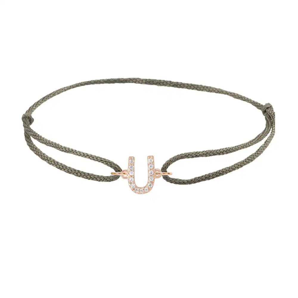 Diamond initial u silk bracelet in 14K rose gold on olive silk