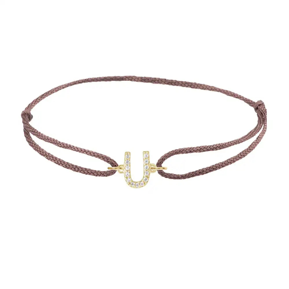 Diamond initial u silk bracelet in 14K yellow gold on brown silk