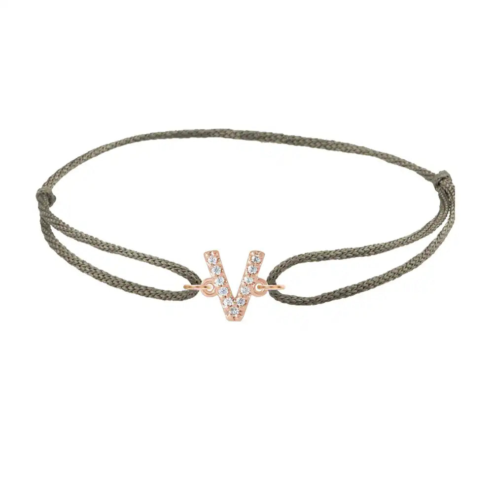 Diamond initial v silk bracelet in 14K rose gold on olive silk