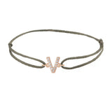 Diamond initial v silk bracelet in 14K rose gold on olive silk