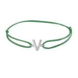 Diamond initial v silk bracelet in 14K white gold on emerald silk