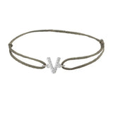 Diamond initial v silk bracelet in 14K white gold on olive silk