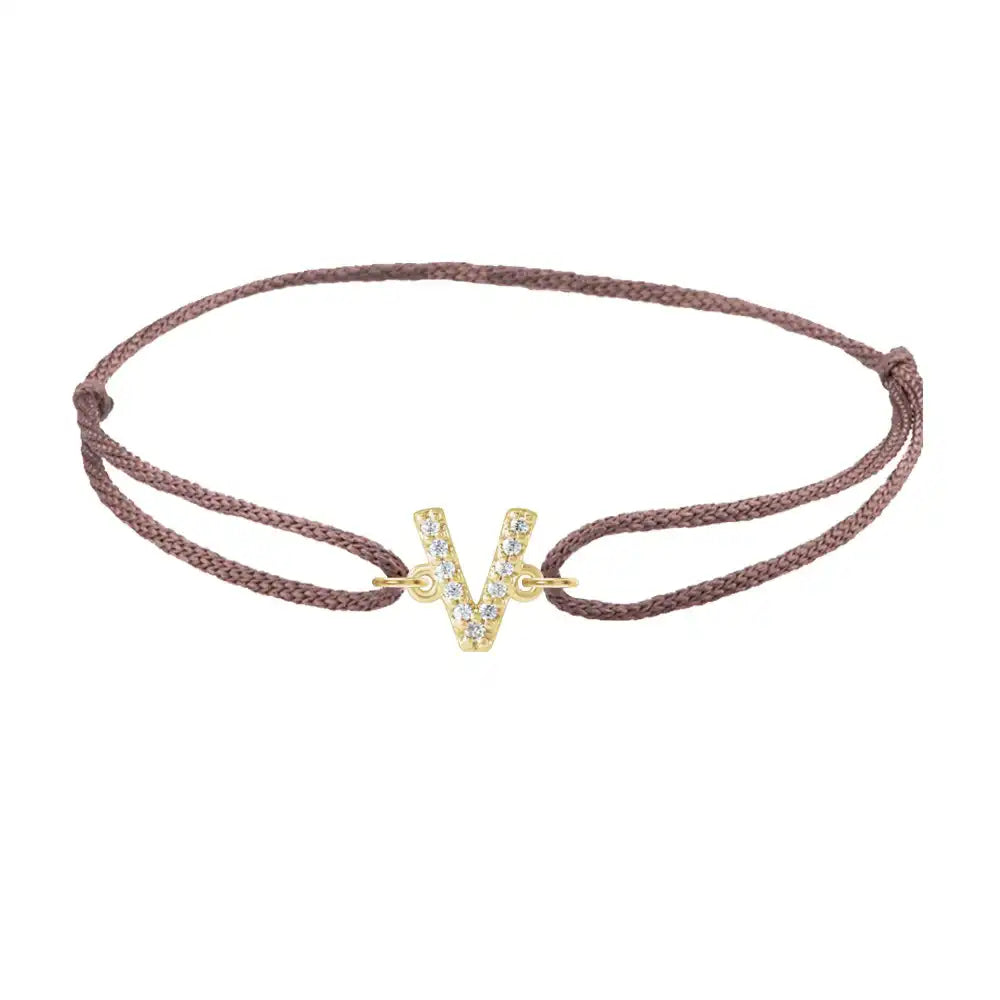 Diamond initial v silk bracelet in 14K yellow gold on brown silk