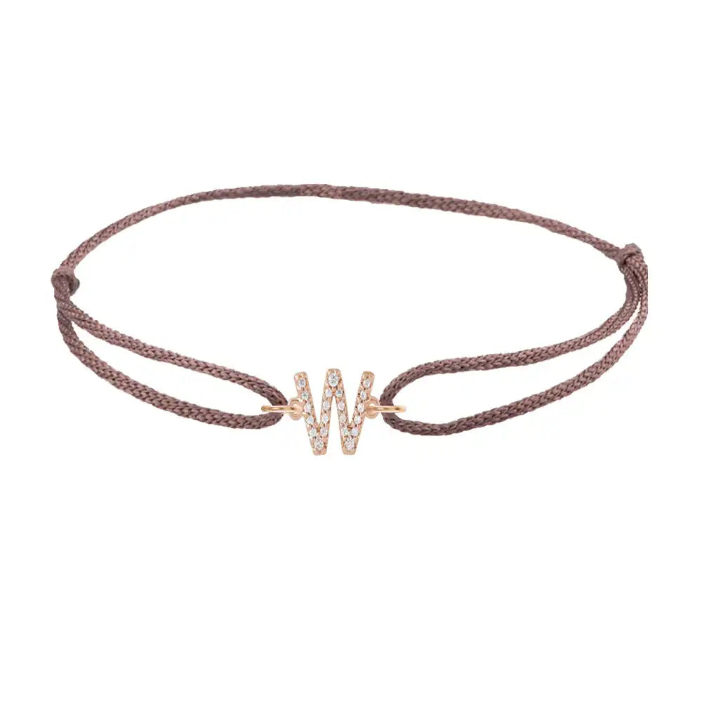 Diamond initial w silk bracelet in 14K rose gold on brown silk
