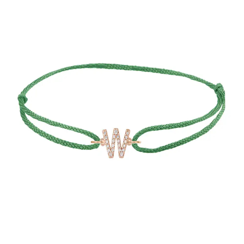 Diamond initial w silk bracelet in 14K rose gold on emerald silk