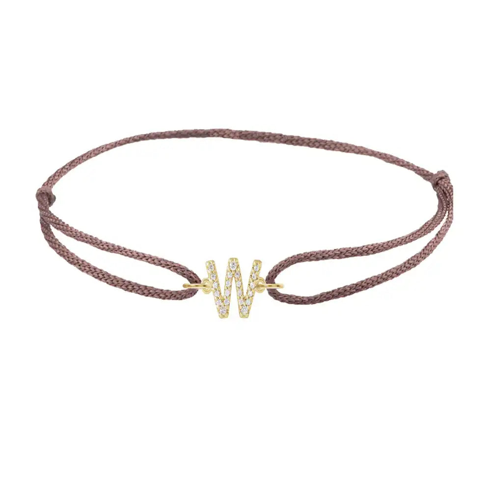 Diamond initial w silk bracelet in 14K yellow gold on brown silk