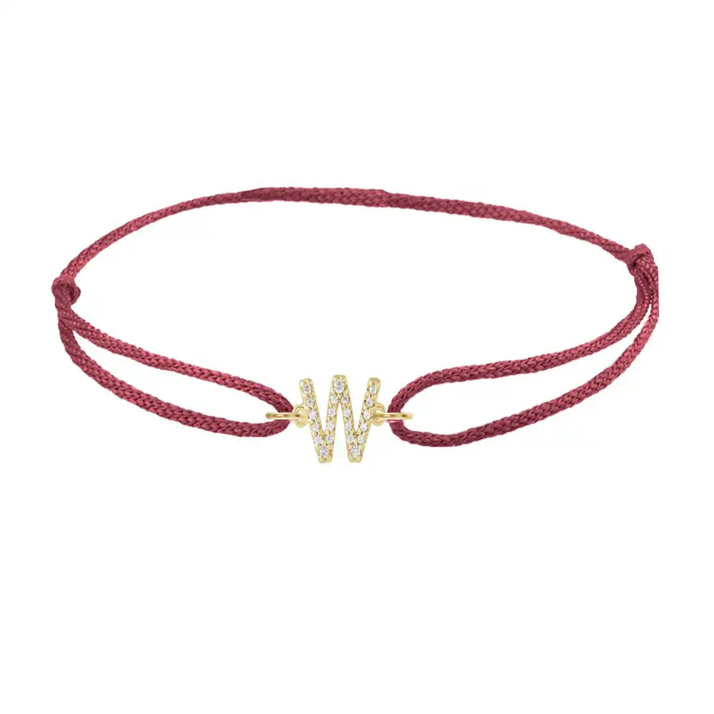 Diamond initial w silk bracelet in 14K yellow gold on burgundy silk