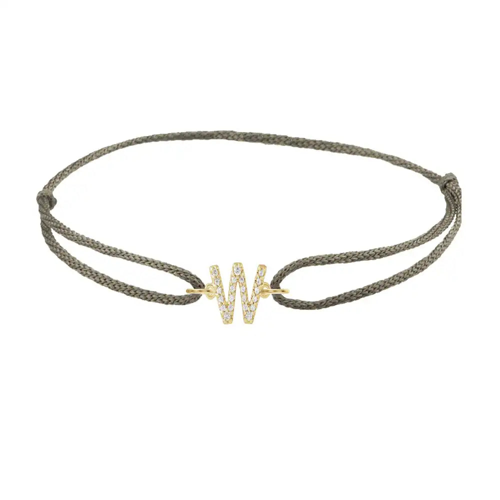 Diamond initial w silk bracelet in 14K yellow gold on olive silk