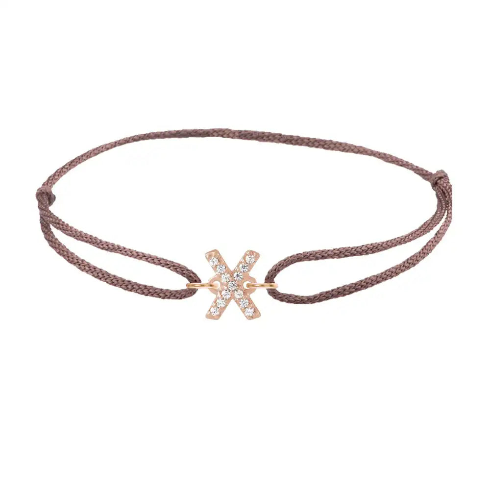 Diamond initial x silk bracelet in 14K rose gold on brown silk