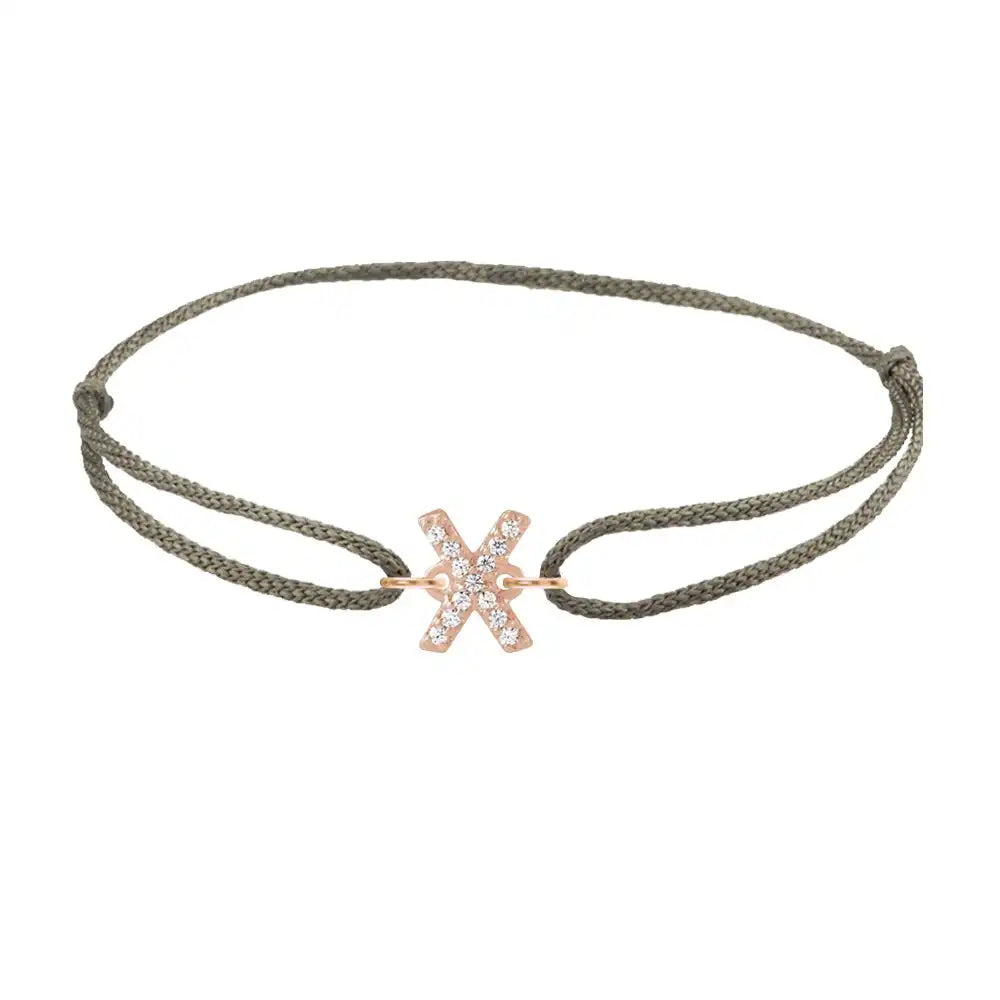 Diamond initial x silk bracelet in 14K rose gold on olive silk