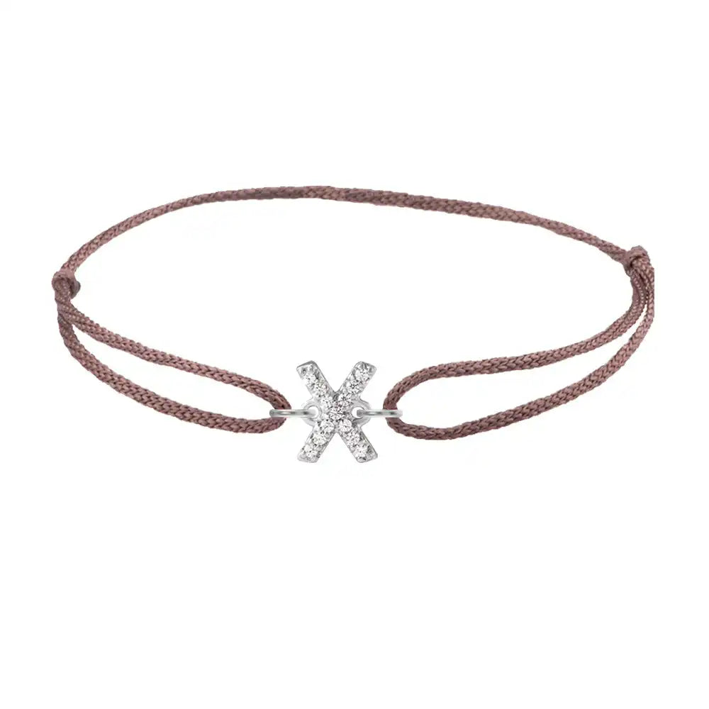 Diamond initial x silk bracelet in 14K white gold on brown silk