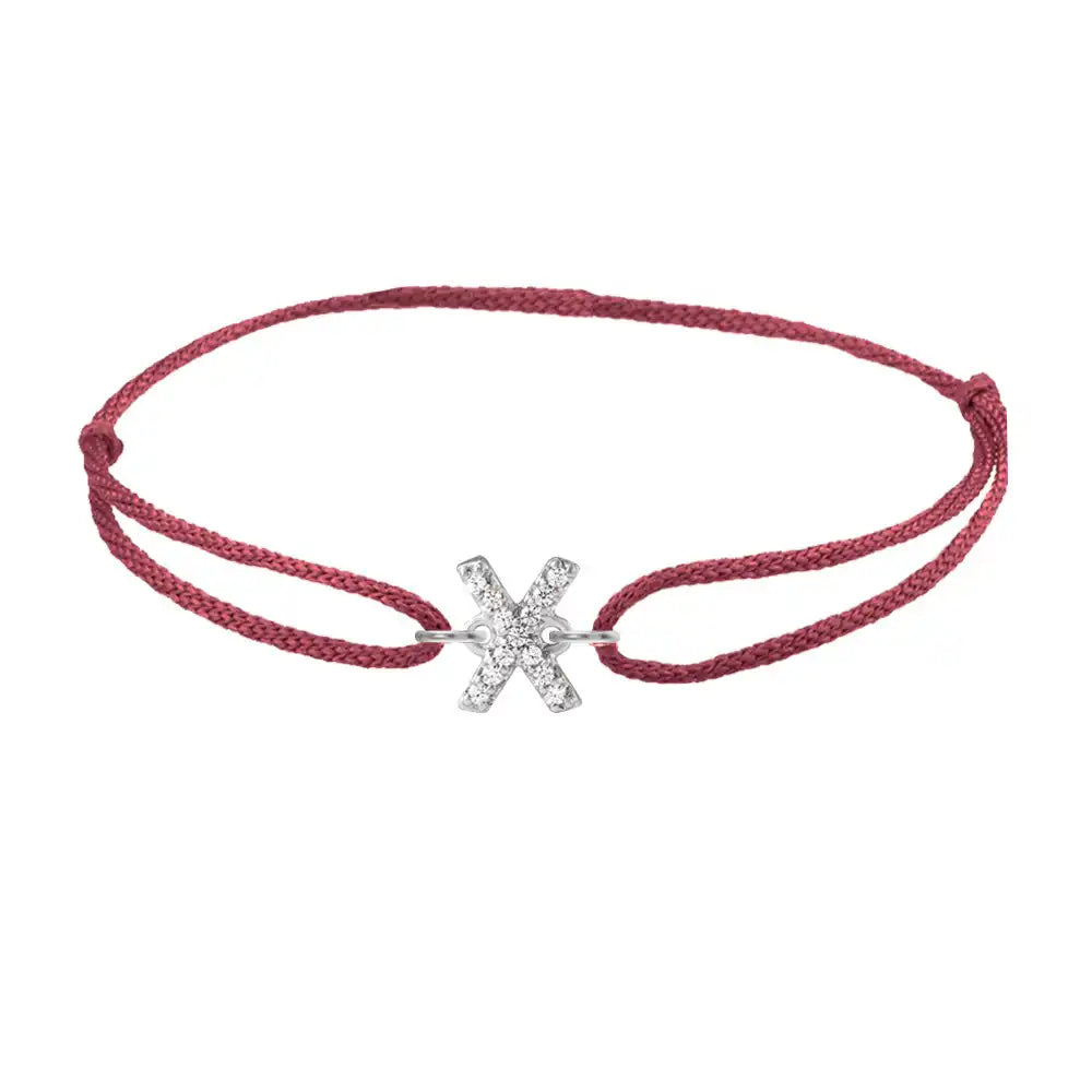 Diamond initial x silk bracelet in 14K white gold on burgundy silk
