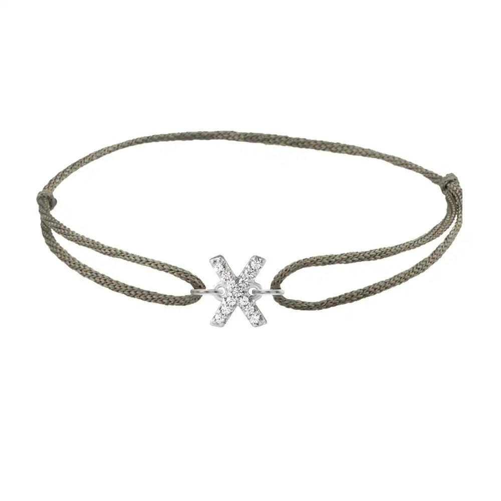 Diamond initial x silk bracelet in 14K white gold on olive silk