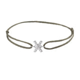 Diamond initial x silk bracelet in 14K white gold on olive silk