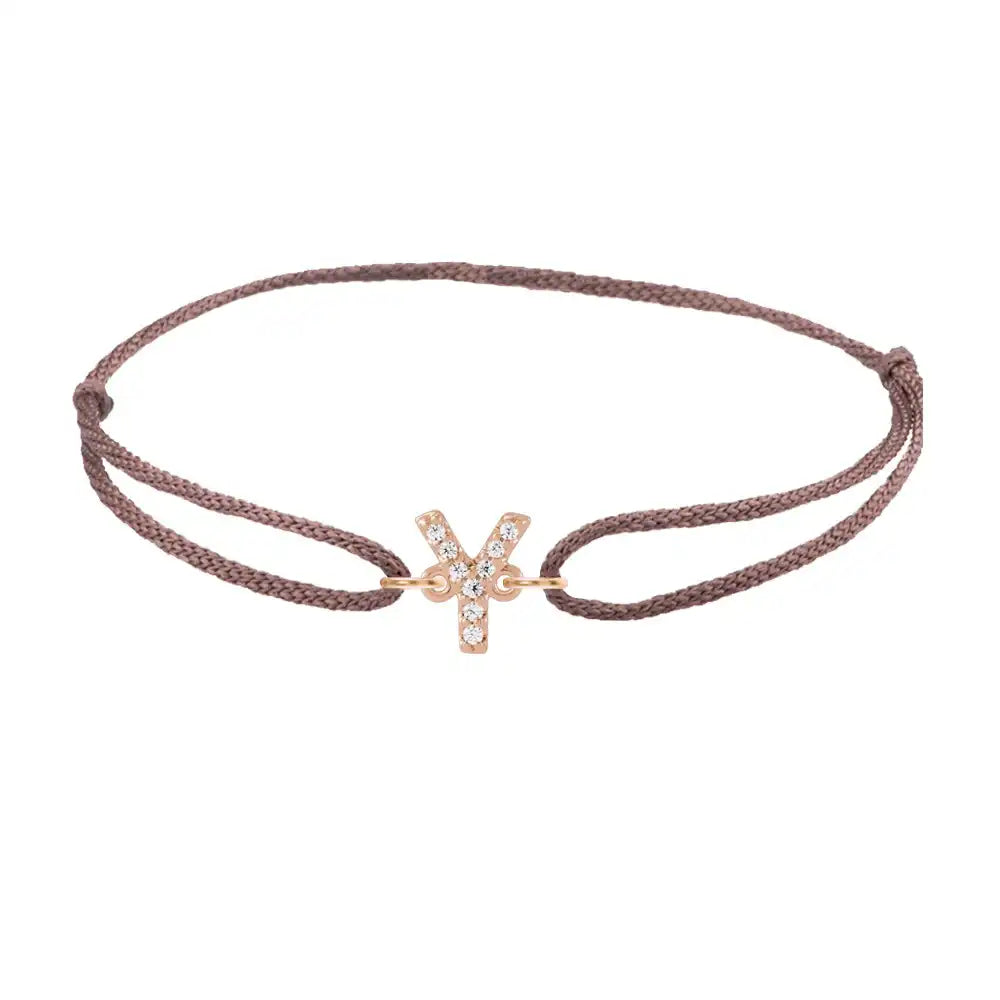 Diamond initial y silk bracelet in 14K rose gold on brown silk