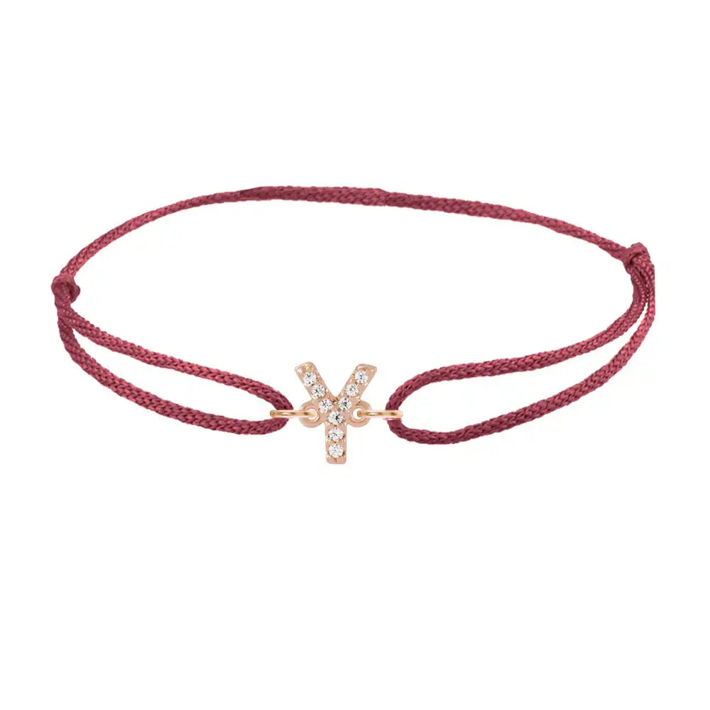 Diamond initial y silk bracelet in 14K rose gold on burgundy silk