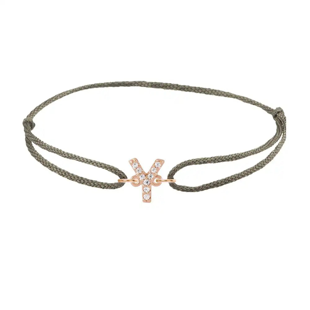 Diamond initial y silk bracelet in 14K rose gold on olive silk