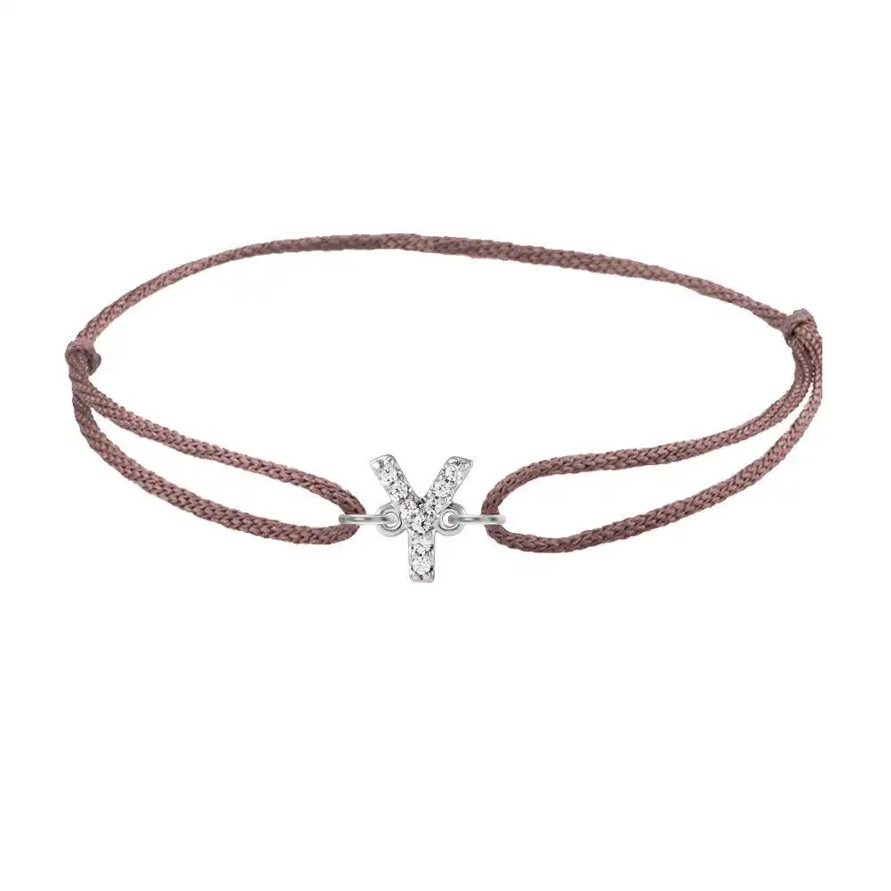Diamond initial y silk bracelet in 14K white gold on brown silk