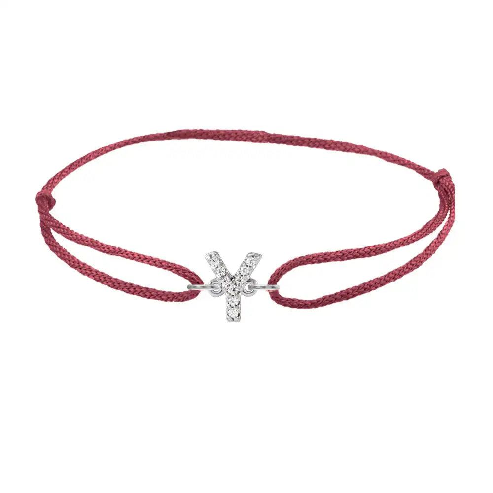 Diamond initial y silk bracelet in 14K white gold on burgundy silk