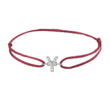 Diamond initial y silk bracelet in 14K white gold on burgundy silk