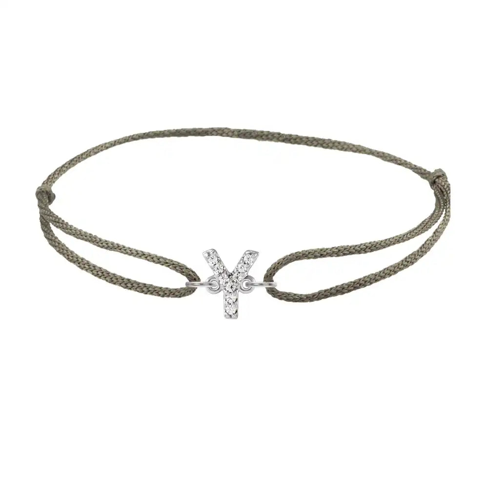 Diamond initial y silk bracelet in 14K white gold on olive silk