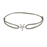 Diamond initial y silk bracelet in 14K white gold on olive silk