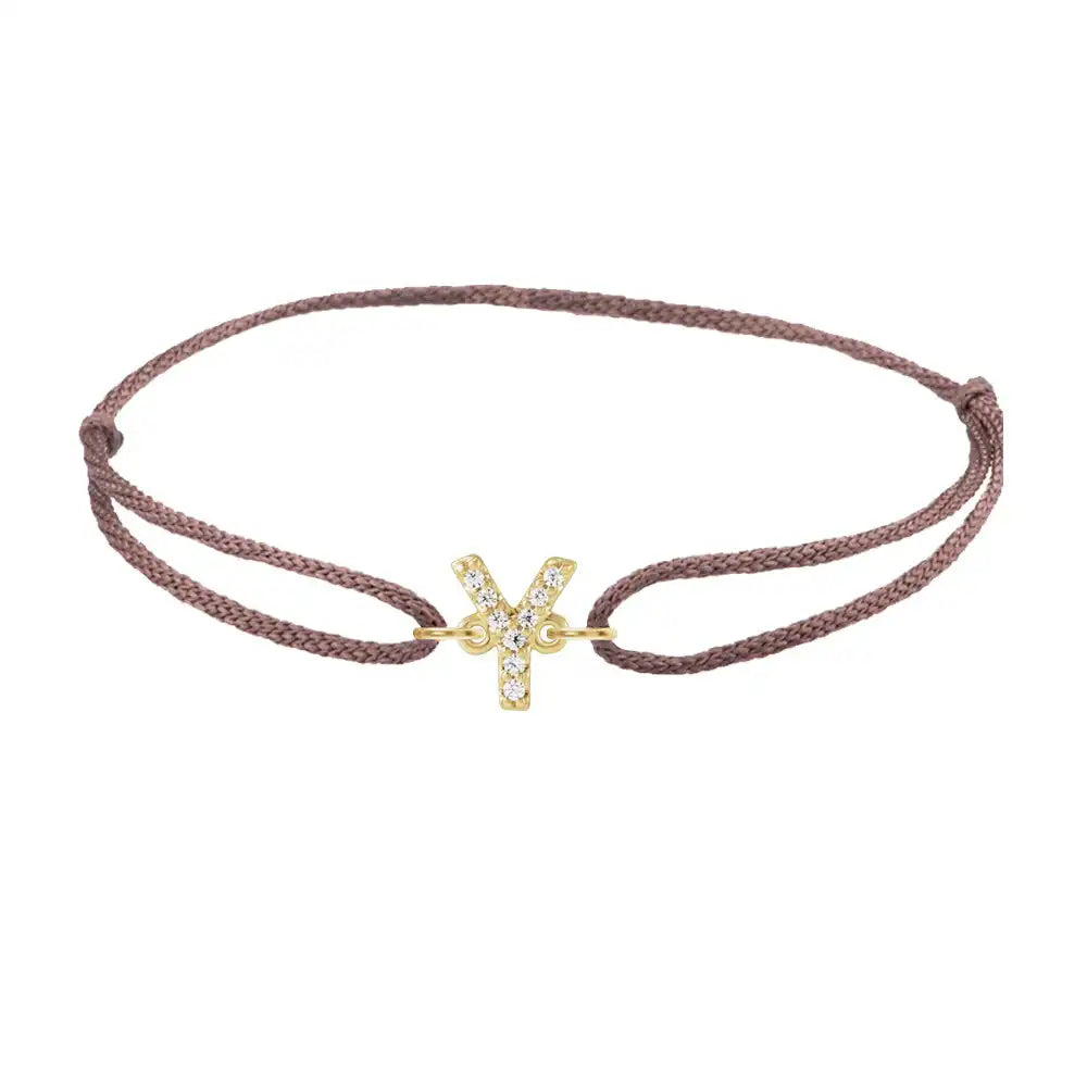 Diamond initial y silk bracelet in 14K yellow gold on brown silk