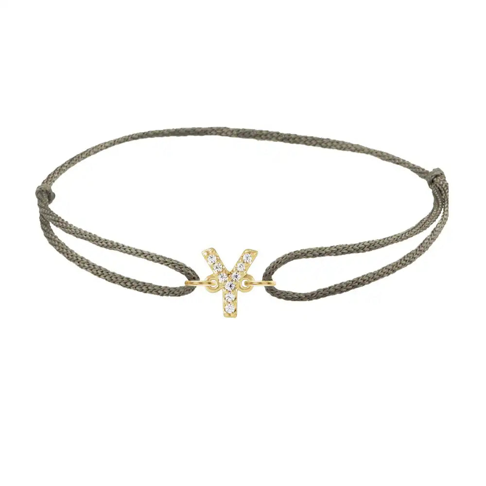 Diamond initial y silk bracelet in 14K yellow gold on olive silk