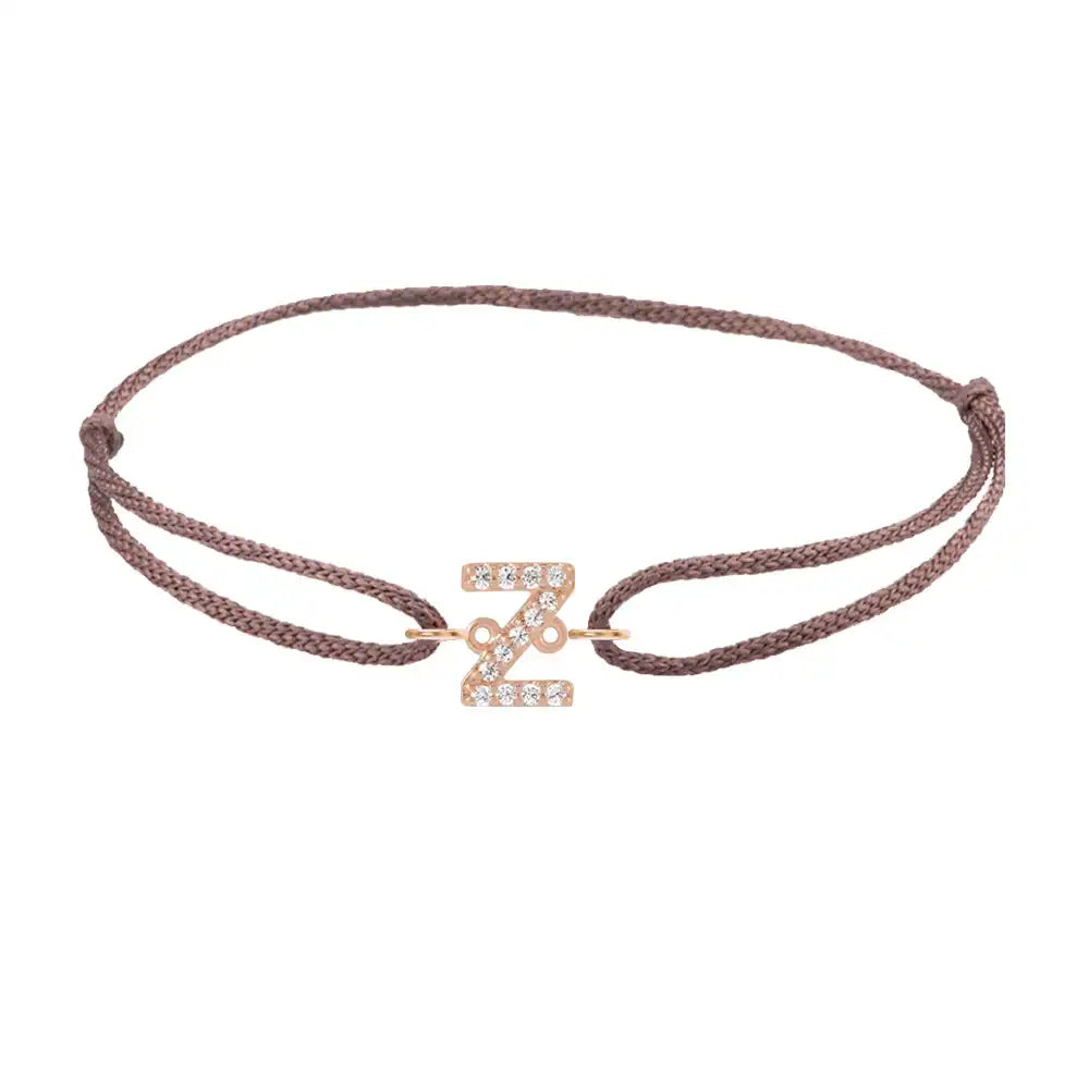 Diamond initial z silk bracelet in 14K rose gold on brown silk