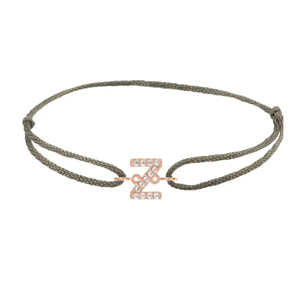 Diamond initial z silk bracelet in 14K rose gold on olive silk