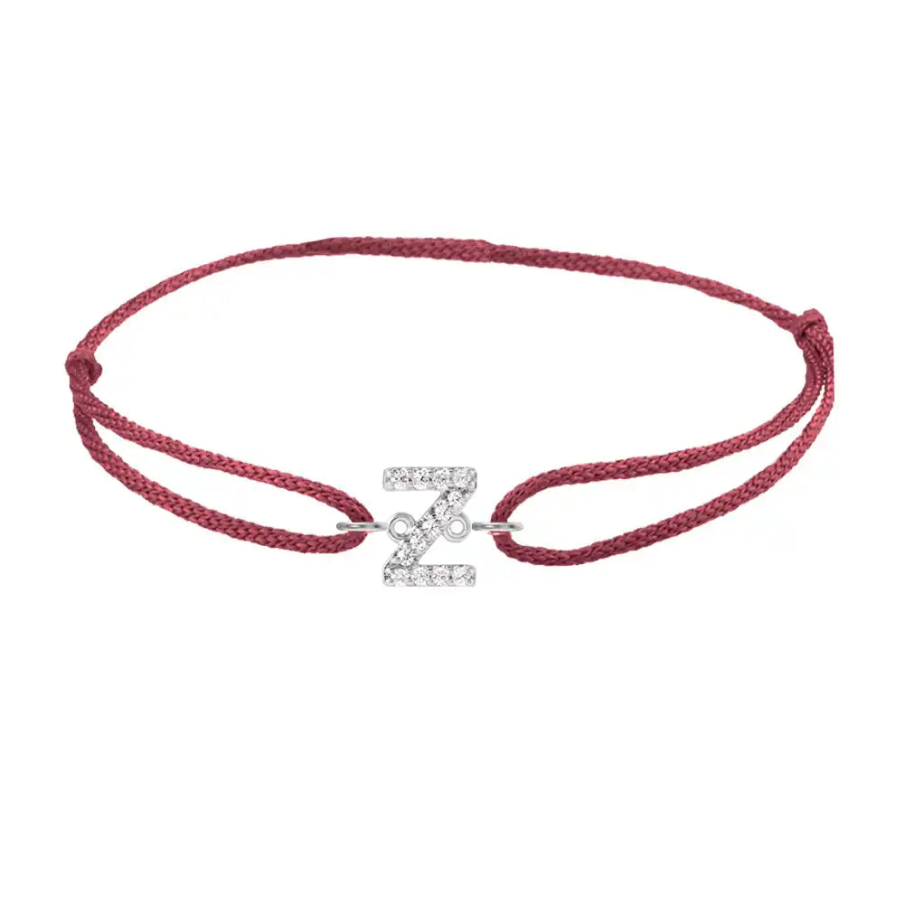 Diamond initial z silk bracelet in 14K white gold on burgundy silk