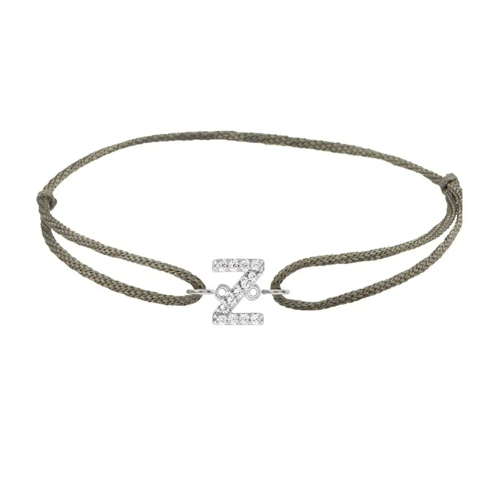 Diamond initial z silk bracelet in 14K white gold on olive silk