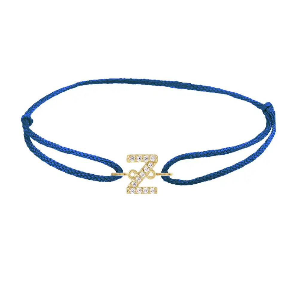 Diamond initial z silk bracelet in 14K yellow gold on blue silk