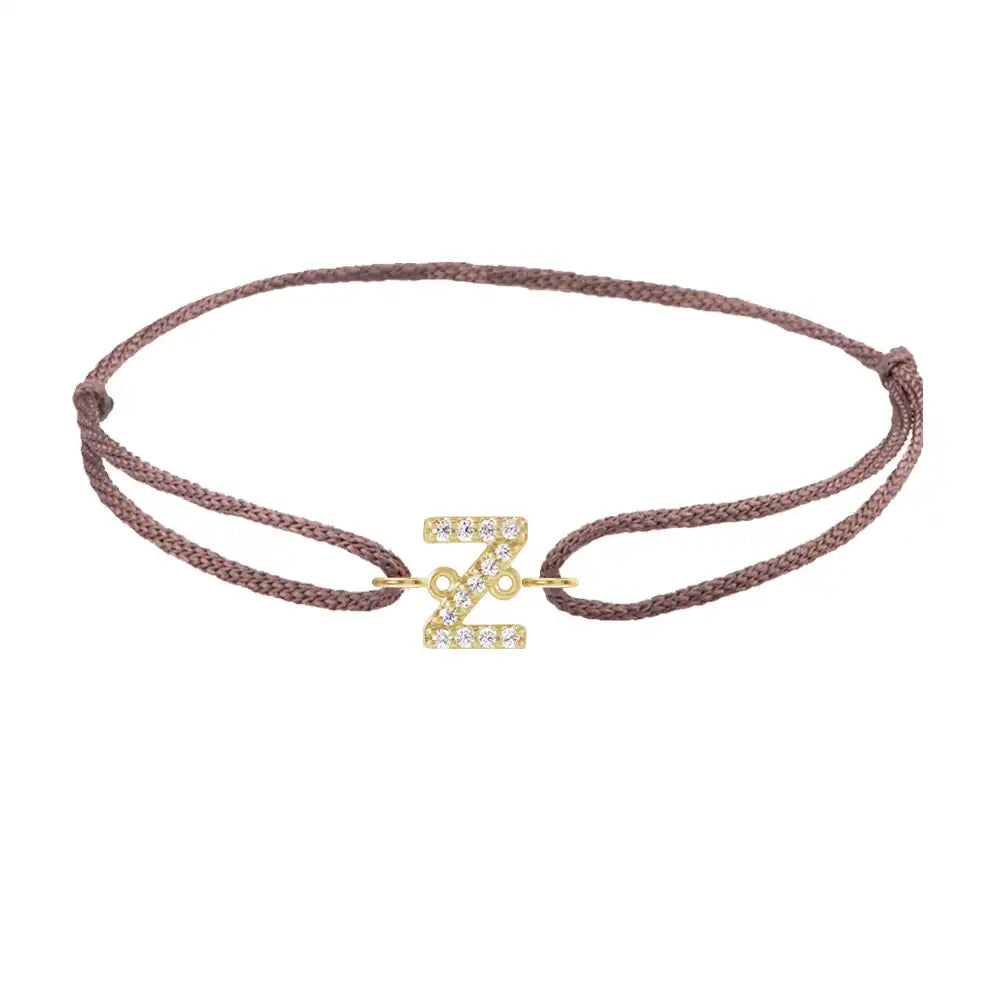Diamond initial z silk bracelet in 14K yellow gold on brown silk