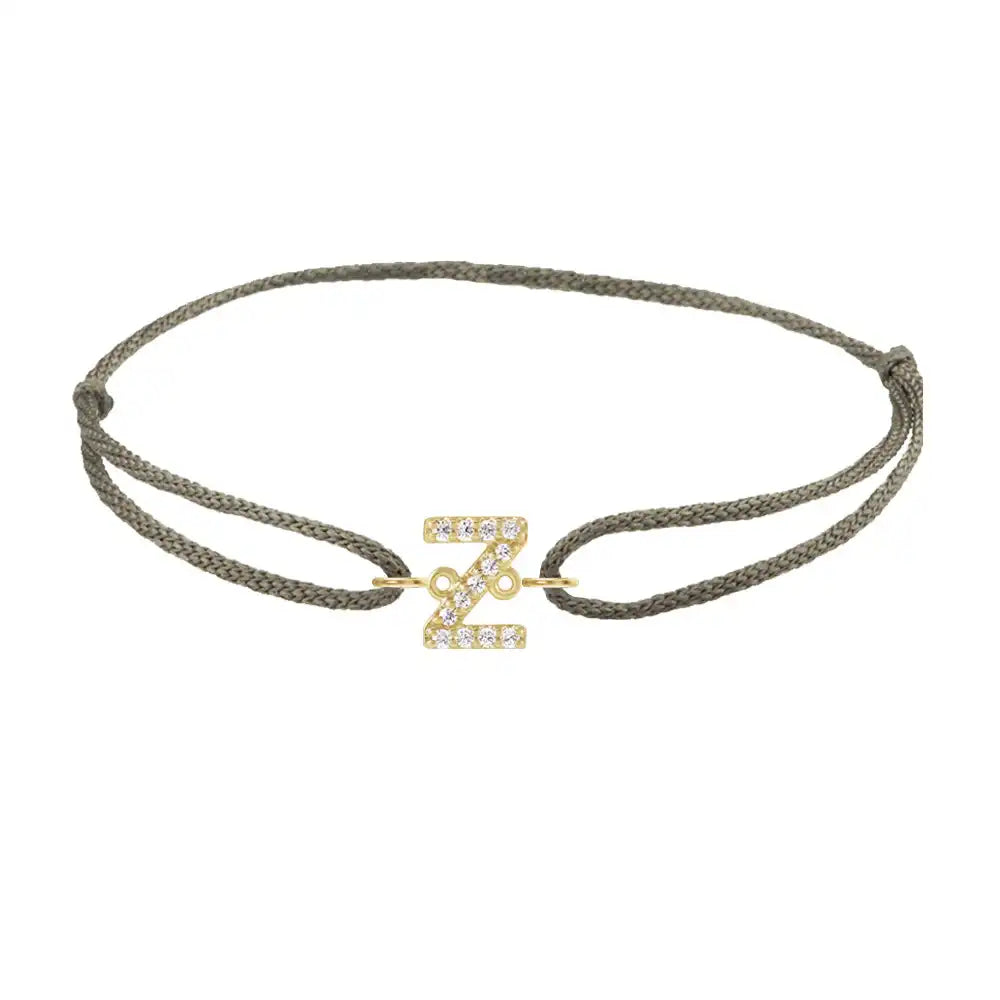 Diamond initial z silk bracelet in 14K yellow gold on olive silk