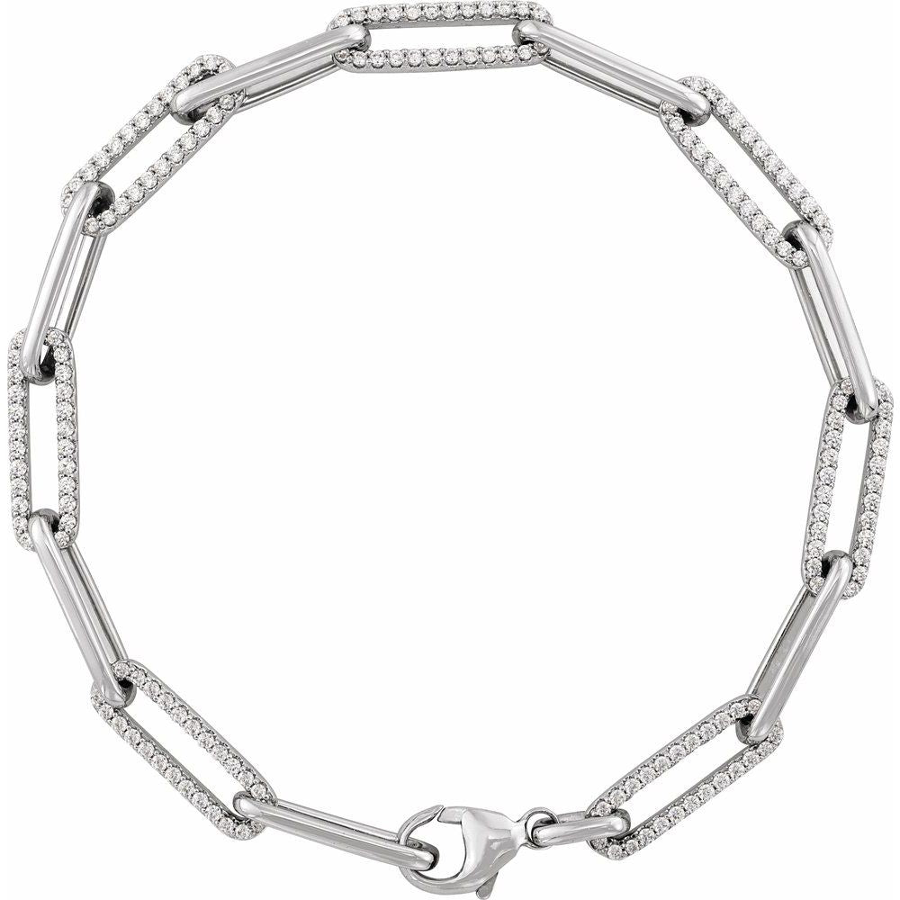Close-up of diamond link bracelet clasp and chain detail in 14K white gold—hand-set diamonds
