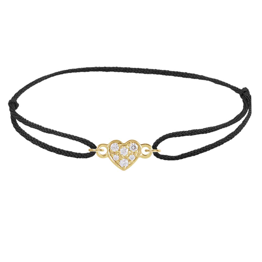Diamond pavé heart bracelet on silk cord with adjustable knots yellow gold variant--14K-yellow-gold