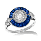 Platinum diamond and cornflower sapphire Art Deco ring front view on white background