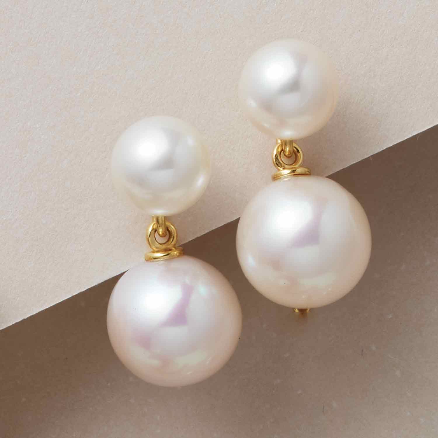 14K yellow gold double pearl earrings with cultured pearls