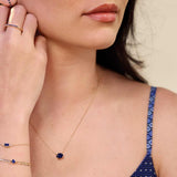 Oval turquoise prong-set necklace on fine gold chain on model variant--14K-yellow-gold