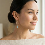 Eleanor custom gemstone drop earring worn on model, 2.5 inch drop length
