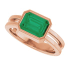 Emerald-cut emerald cocktail ring in 14K rose gold, handcrafted statement ring
