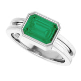 Emerald cocktail ring in 14K white gold, emerald-cut bezel-set statement ring variant--Emerald variant--14K-white-gold variant--Sterling-silver
