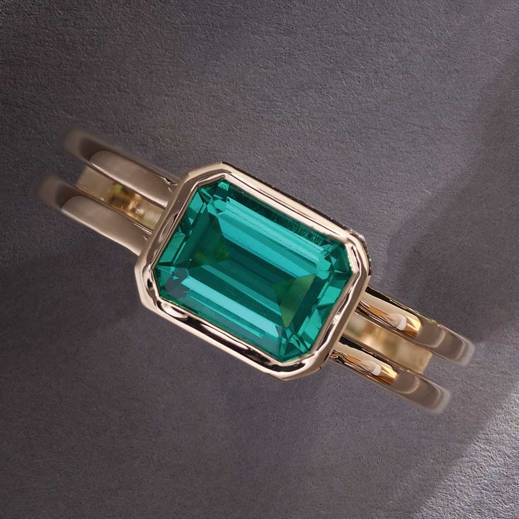 Emerald-cut emerald cocktail ring in 14K yellow gold, vivid green statement ring