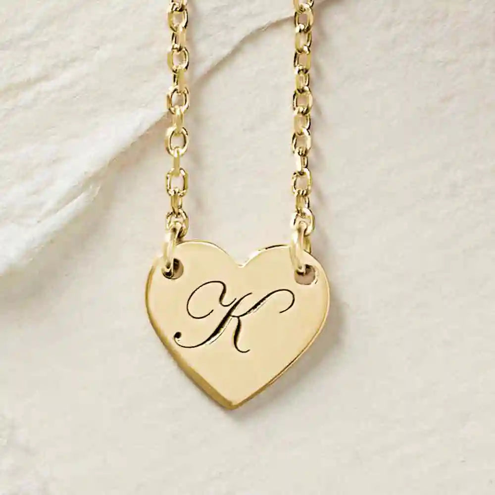 14K yellow gold engraved heart necklace front view