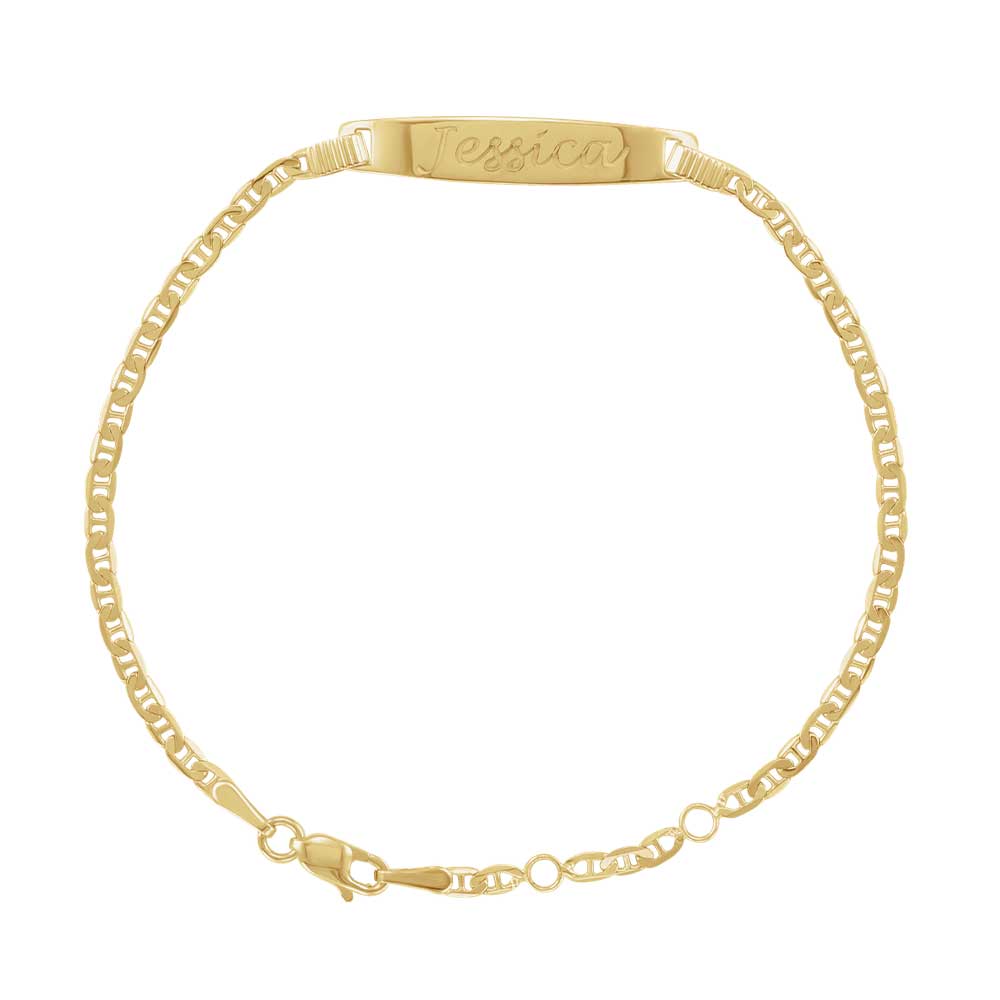 Engravable 14K gold ID bracelet on white background