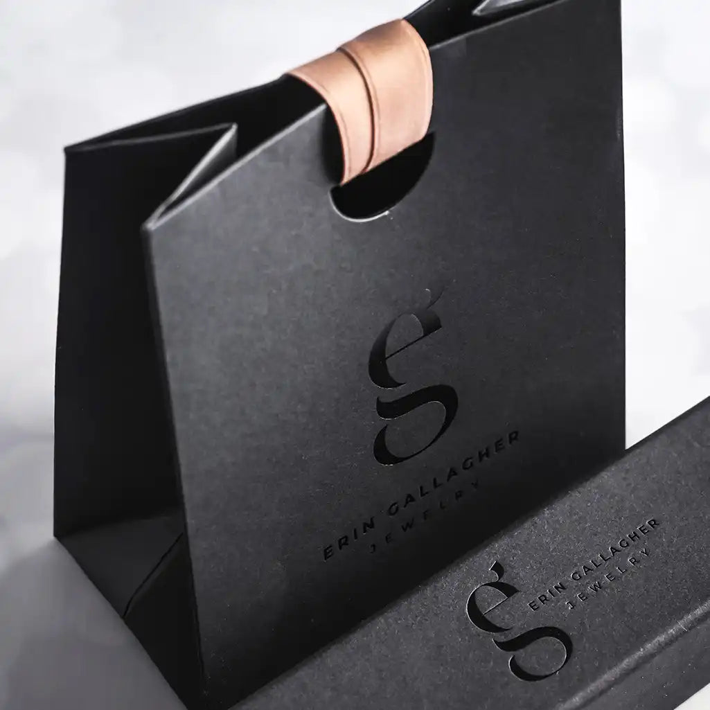 Erin Gallagher Jewelry gift-ready eco-friendly packaging box with pouch, tissue, and notecard