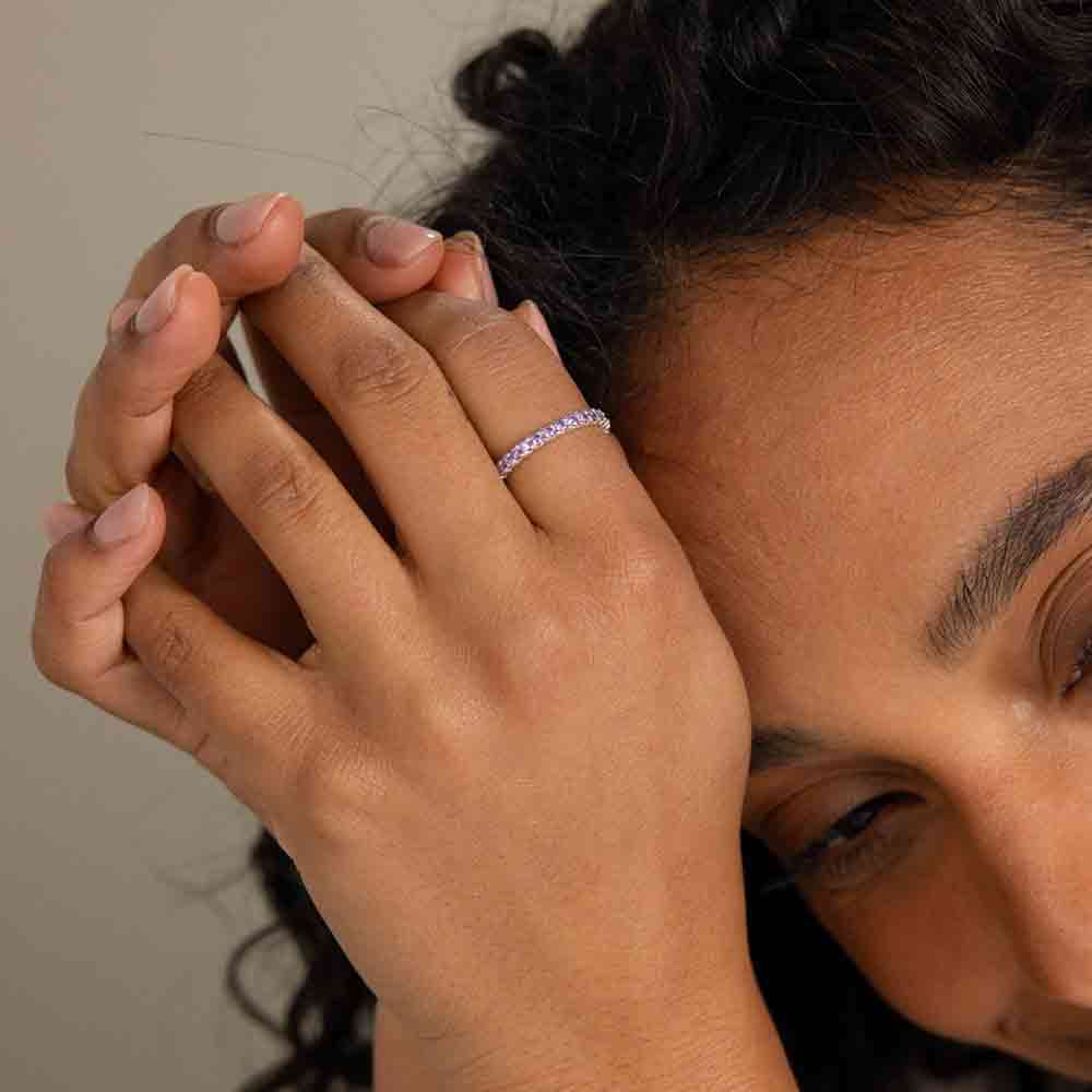 gemstone ring shown on model, ideal for stacking, handcrafted in the US