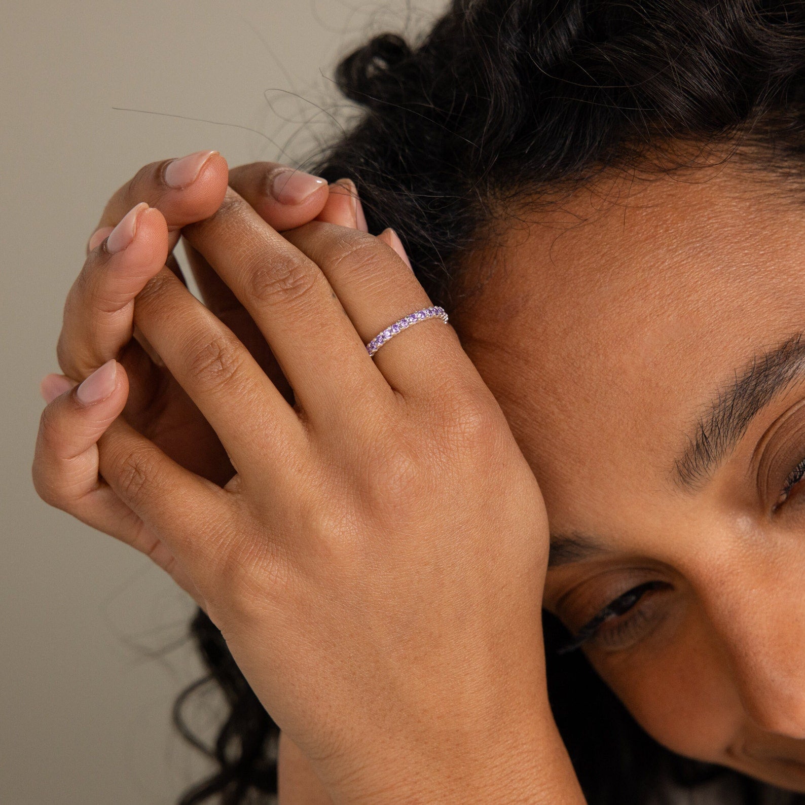 gemstone ring shown on model, ideal for stacking, handcrafted in the US